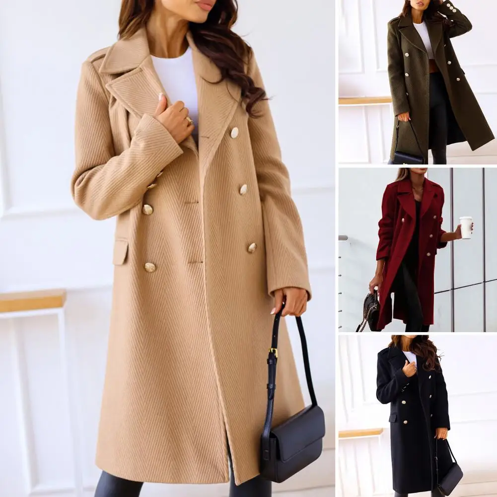 

Everyday Wear Polyester Double-breasted Placket Lapel Women's Woolen Coat for Winter