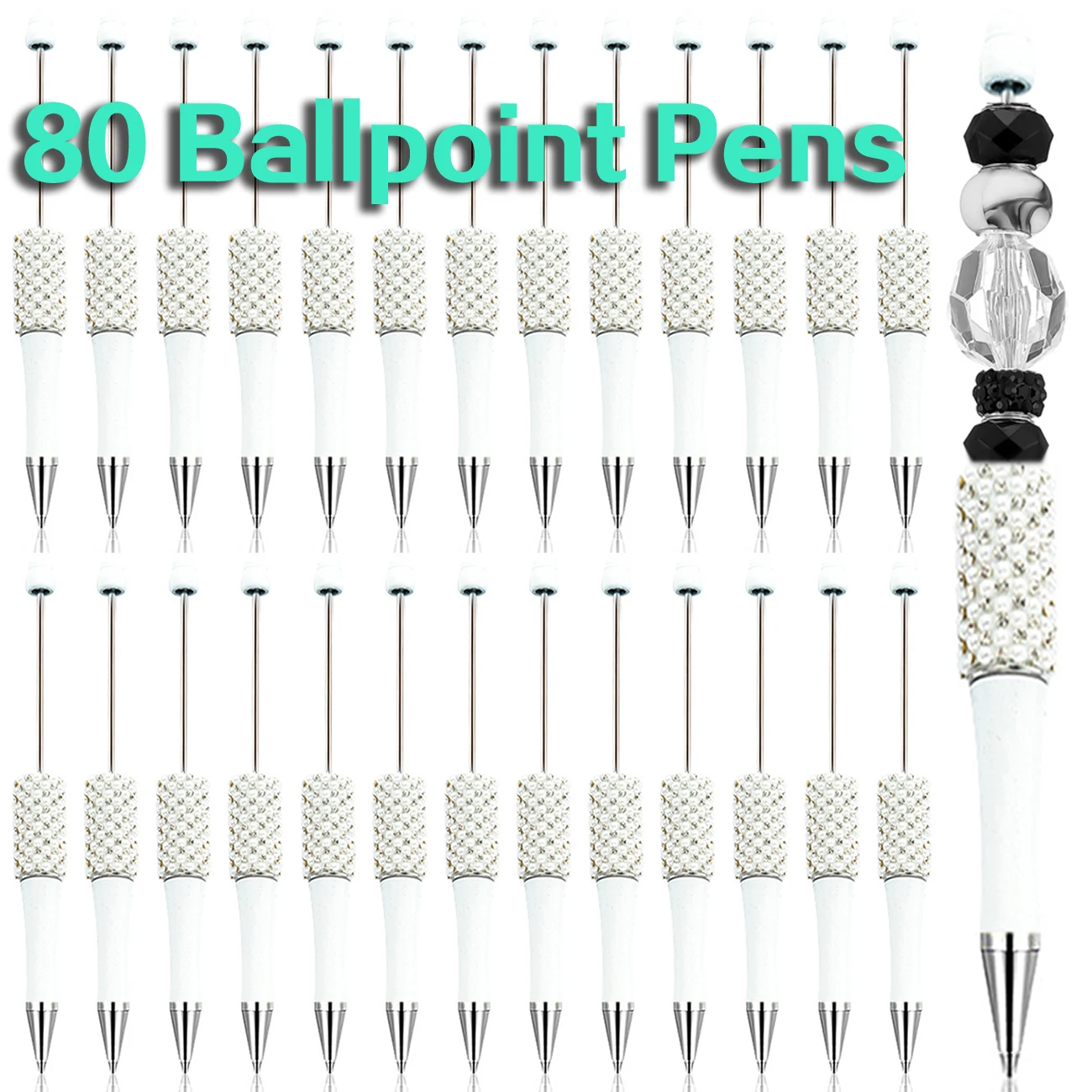 

80Pcs White Diamond Bead Pen Wholesale Creative DIY Handmade Sticker Set Diamond Beaded Ballpoint Pens Advertising Gift Pen