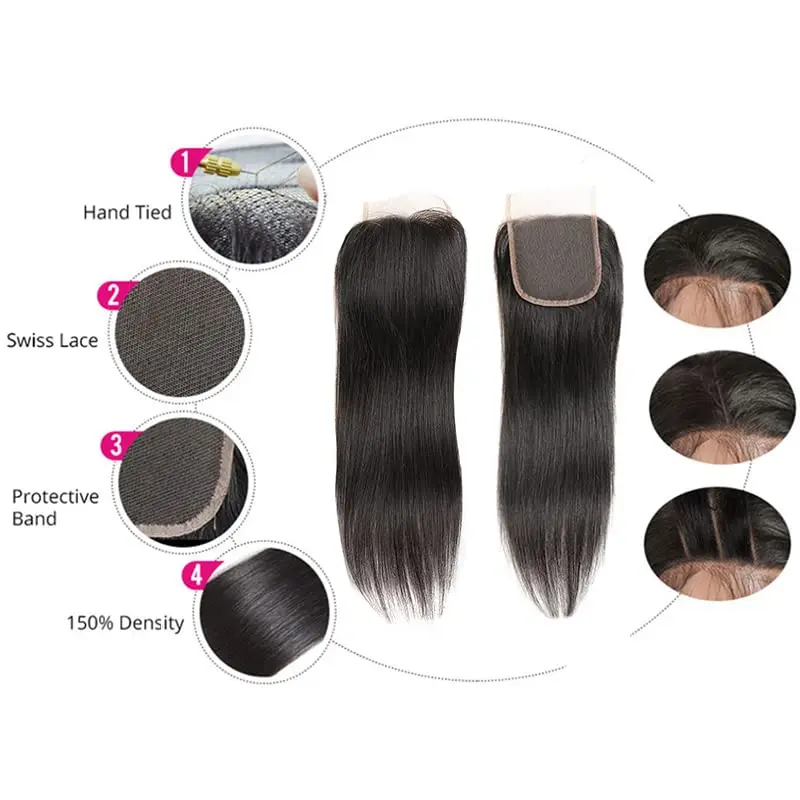 Mechones rectos con cierre, paquete Remy brasileño con cierre de encaje, Color Natural 4x4, extensiones de cabello humano 100% y parte libre