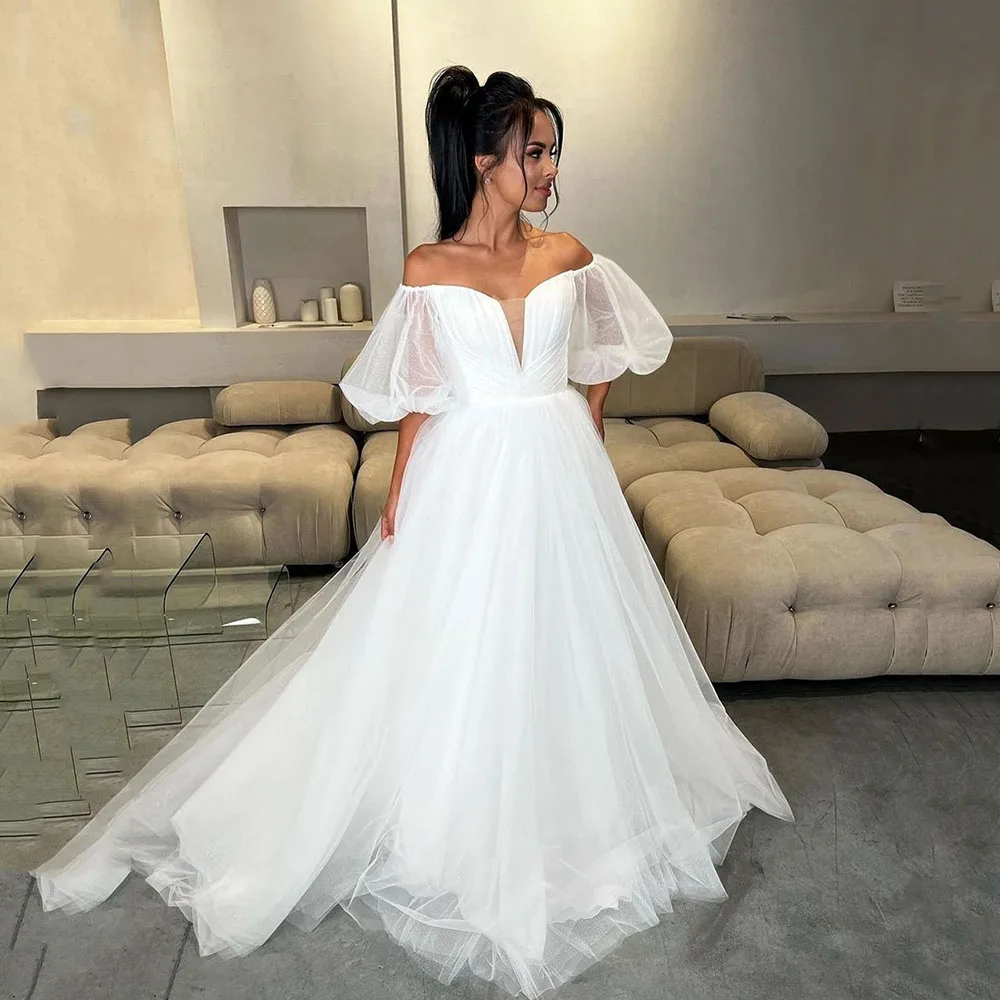 Elegant White Tulle A Line Wedding Dresse Deep V-Neck Puff Sleeves Bridal Gowns Princess Vestido de Novia Beach Bride Dress