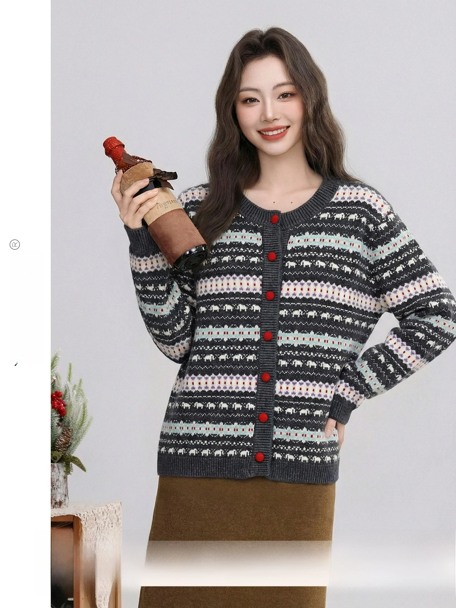 

Ретро-кардиган с круглым вырезом, вязаный, женский, весенний, новый, свободного кроя, из мягкого полиэстера, с длинными рукавами, теплый топ