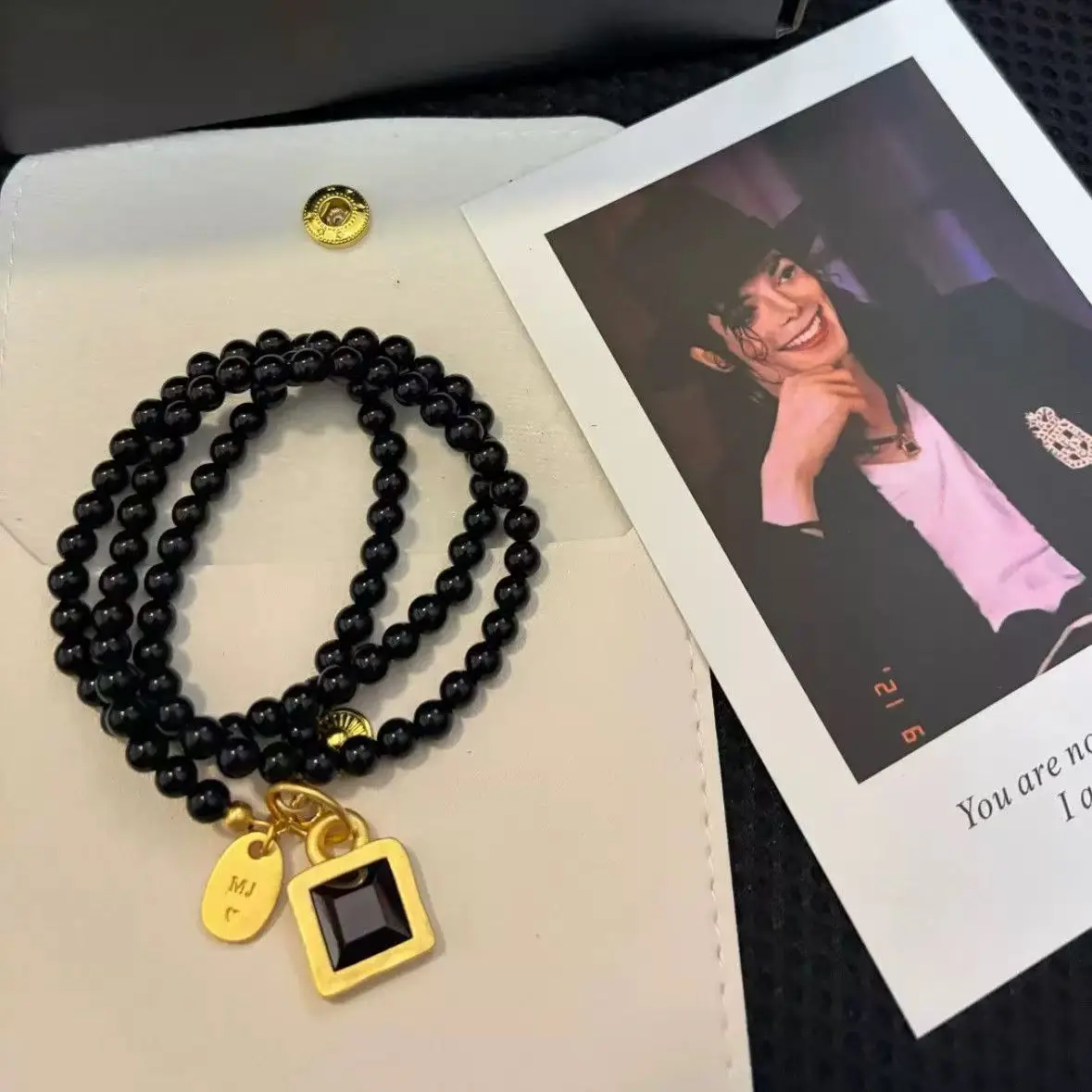 Retro Michael Jackson MJ Memorial Necklace Black Beads Square Pendant Necklace Halloween Cosplay Prop Accessories Gift