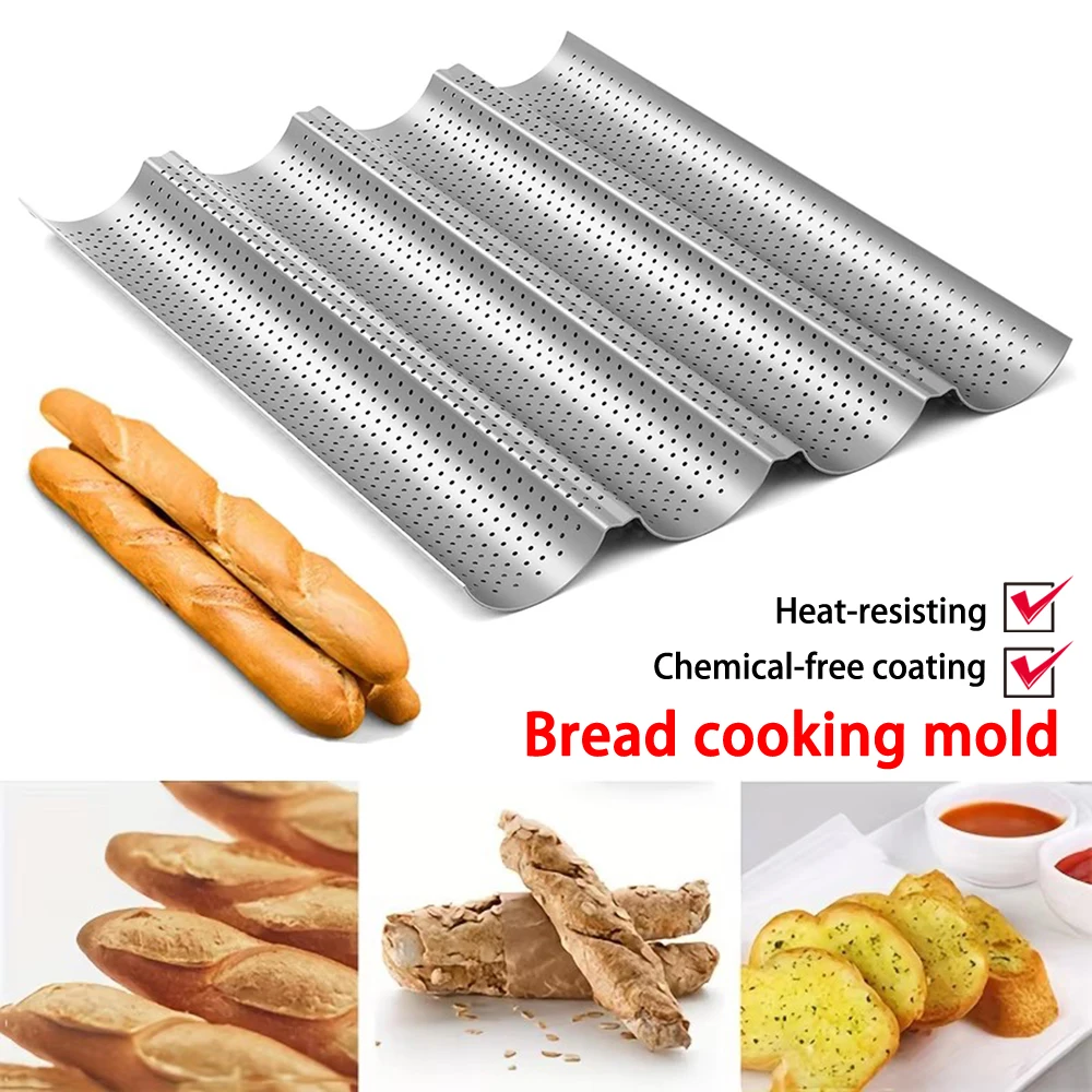 French Bread Baking Pan Non-stick Carbon Steel Perforated Baguette Pan 3/4 Wave Loaves Loaf Bake Mold Cooking Tray Baking Tool