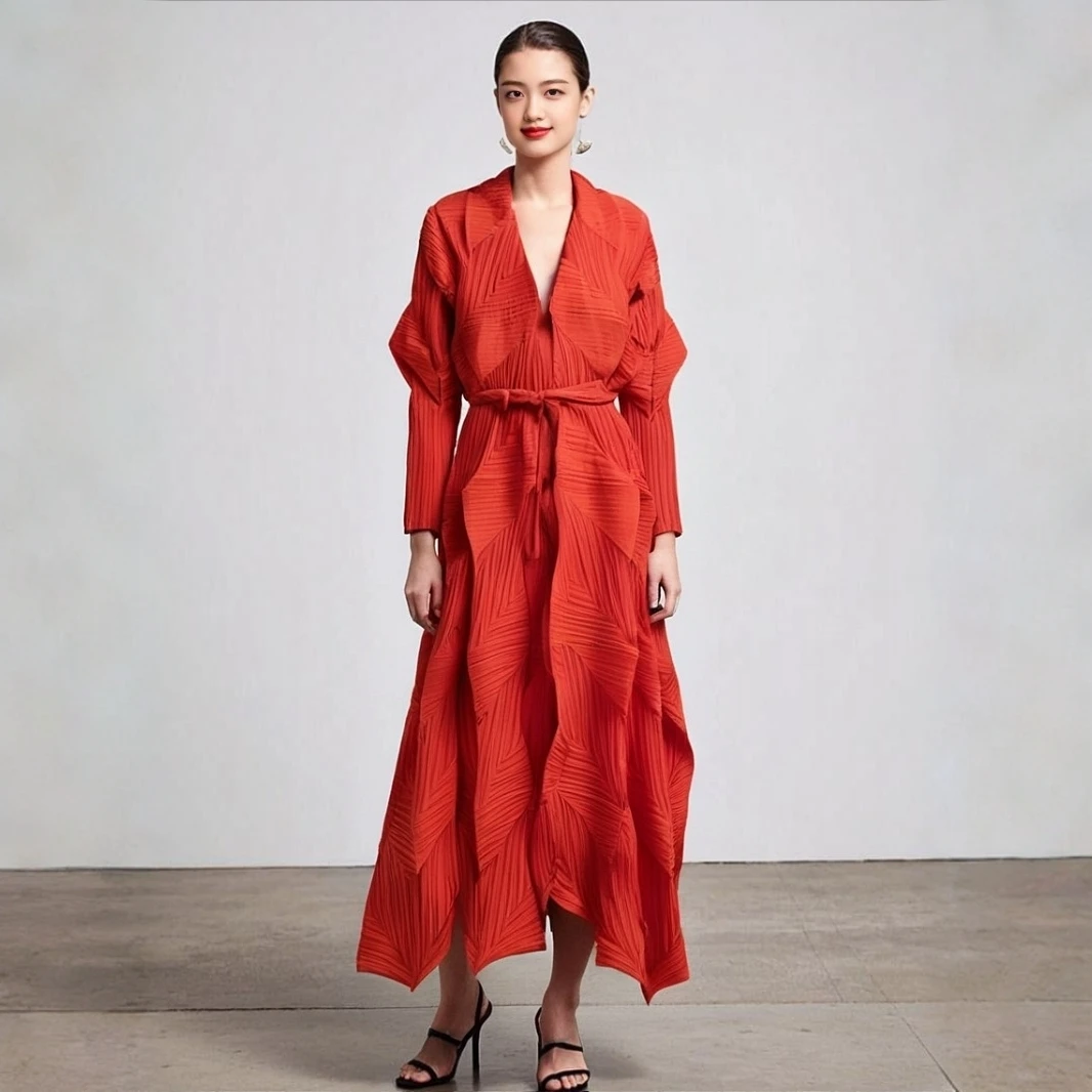 Miyake Fold Spring and Autumn New Fashionable Versatile Solid Color Long Strap Coat for Women, Casual Windbreaker for Women