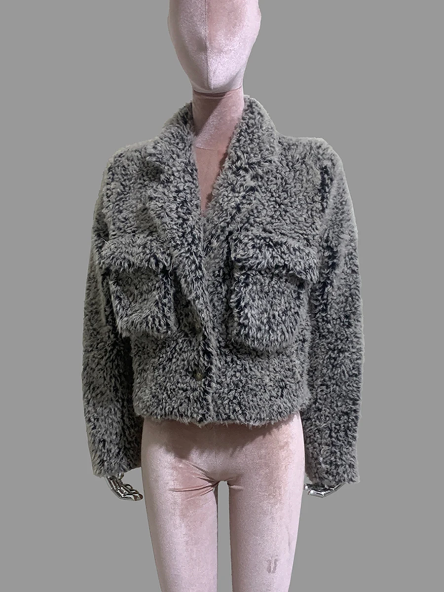 Nerazzurri Autumn Winter Short Thick Warm Dark Gray Fuzzy Faux Fur Blazer Coat Women with 3D Pockets Luxury Chic Fluffy Jacket