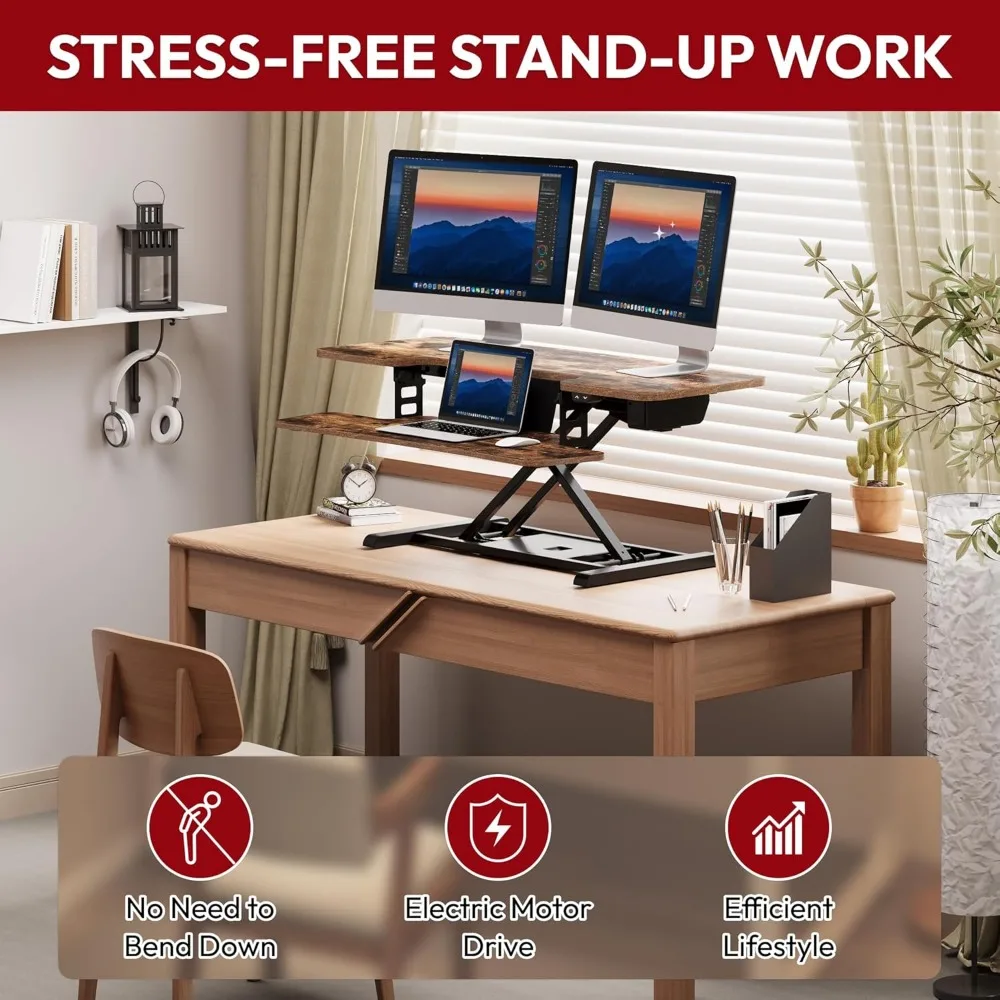 Electric Motorized Height Adjustable Standing Desk Converter 42 for Dual Monitors and Laptop, Ideal for Office and Home Use