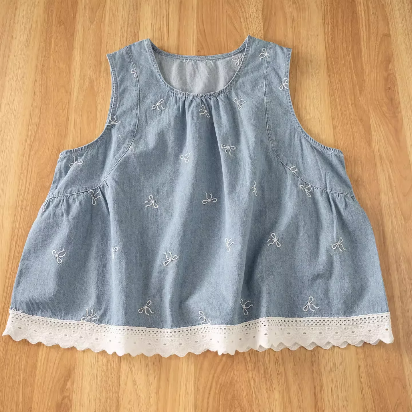 

Mori girl summer Japan style lace patchwork sleeveless denim shirts and blouses for women summer short sleeve denim tank tops