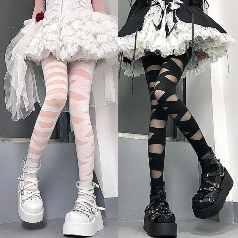 Gothic Lolita Sexy Cross Strap Stockings Velvet Women Tights Bottom Stockings Girls Hosiery Bandage Design Punk Cosplay