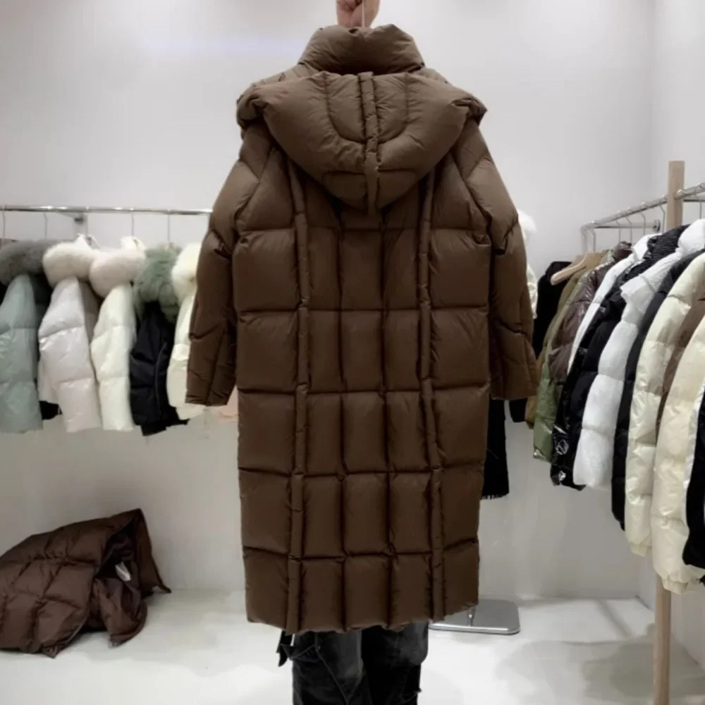 Nueva chaqueta de plumón para mujer, chaqueta acolchada larga de lujo con capucha, abrigo de plumón de pato blanco para mujer, Parkas de plumas esponjosas de invierno, abrigo para mujer