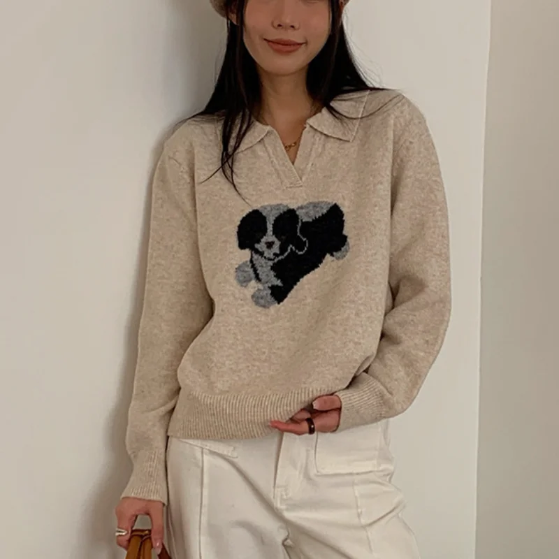 Autumn and winter women's casual dog pattern lapel long sleeved loose sweater