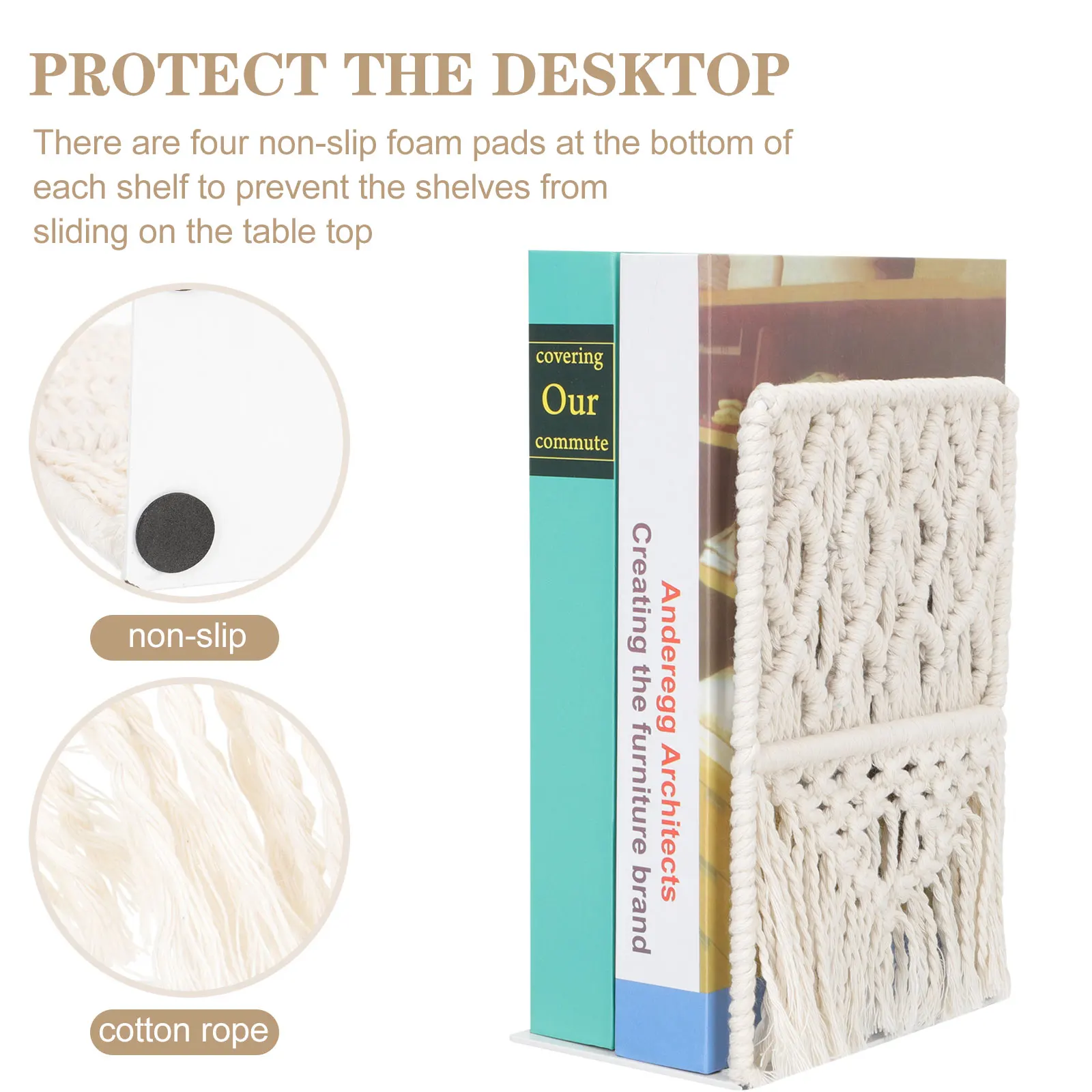 Book Holder Desk Organizer Bookend Bookshelf Stand Bracket Cotton Rope Tabletop