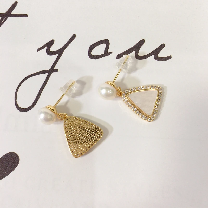 ZHBORUINI New 14K Gold Plated Natural Pearl Earrings 925 Silver Ear Needle Geometric Triangle Stud Earrings For Women Jewelry - view 4