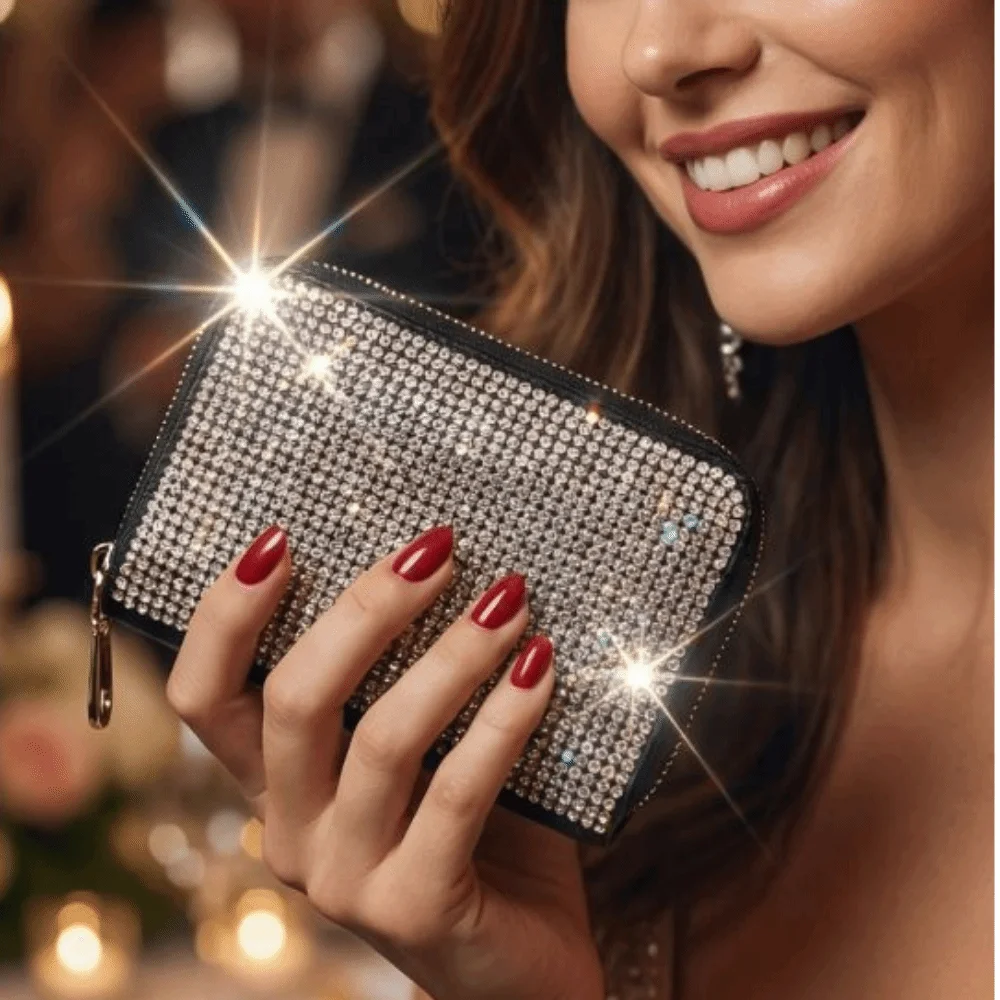 Sparkling Women's Card Bag Portable Luxury Mini Card Case Waterproof Lightweight Bling Rhinestone Card Holder Trip Essentials