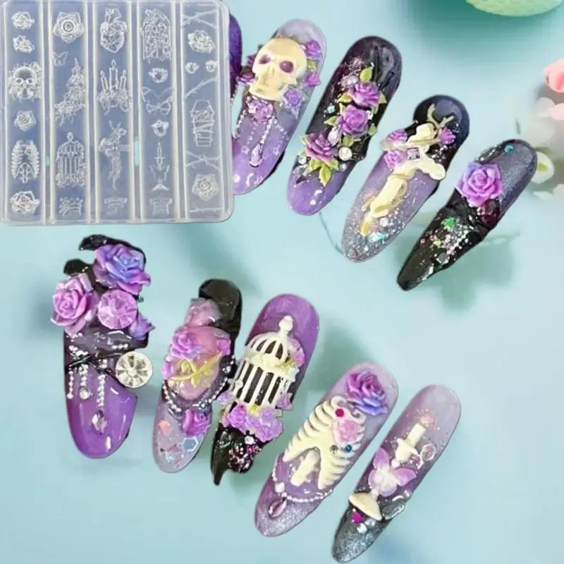 Set di modanature per unghie artigianali 3D: intaglio fai-da-te di teschio trasparente, farfalla, gabbia per uccelli e candeliere rosa