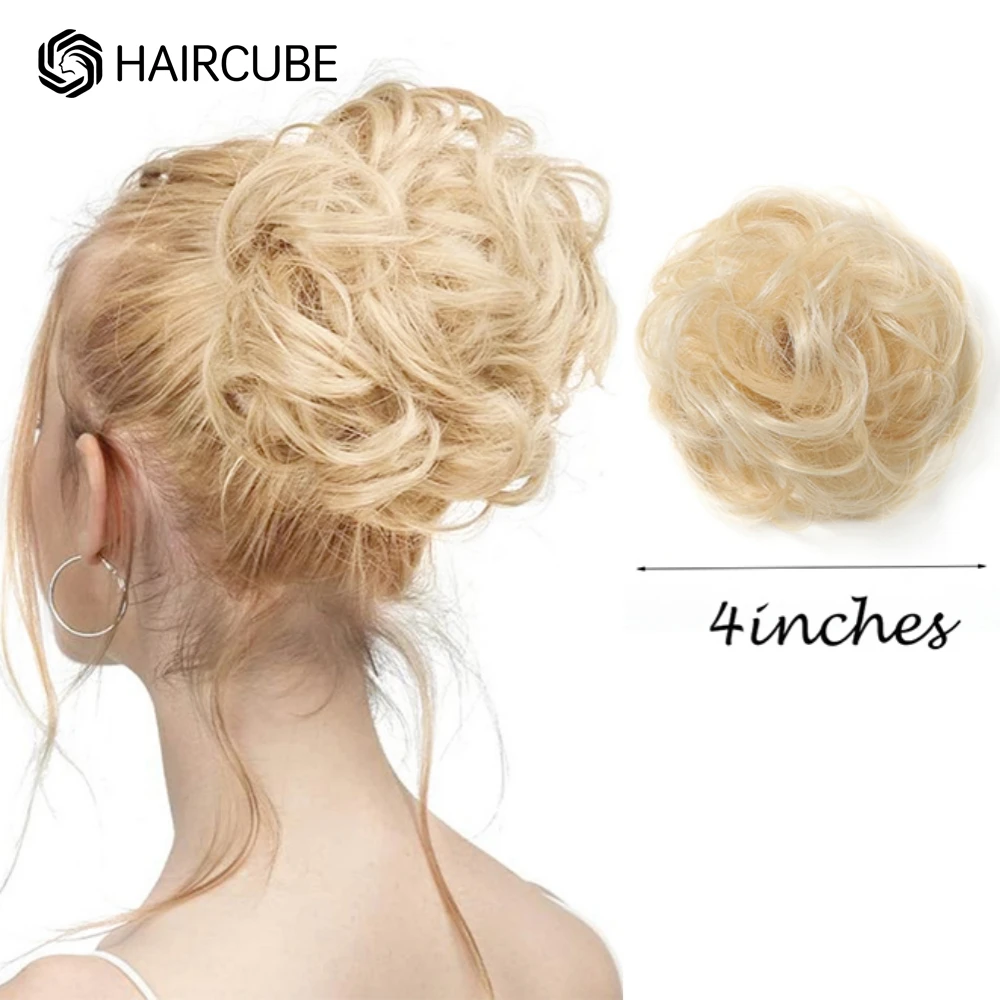 HAIRCUBE Human Hair Pieces Blonde Golden Rose Bud Messy Bun for Women Girls Hair Bun Extension Updo Curly Messy Bun Scrunchie