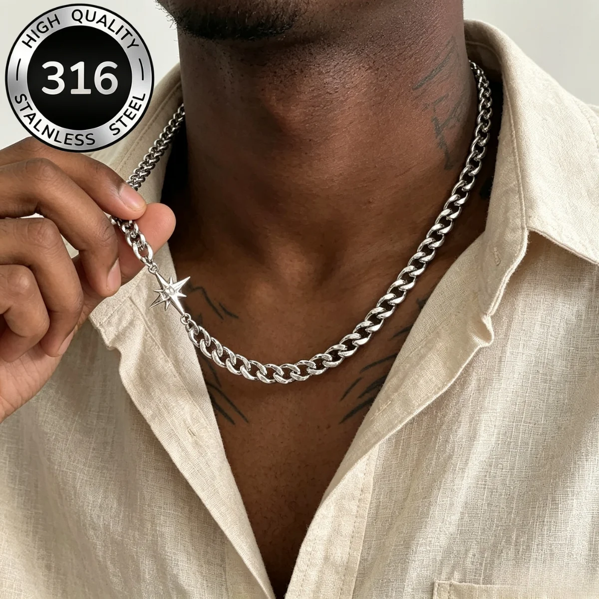 Hip-Hop Silberfarbene Kubanische Gliederketten Stern-Kreuz-Halsketten für Männer Titan-Stahl Schlüsselbeinkette Choker Punk Herren-Accessoires
