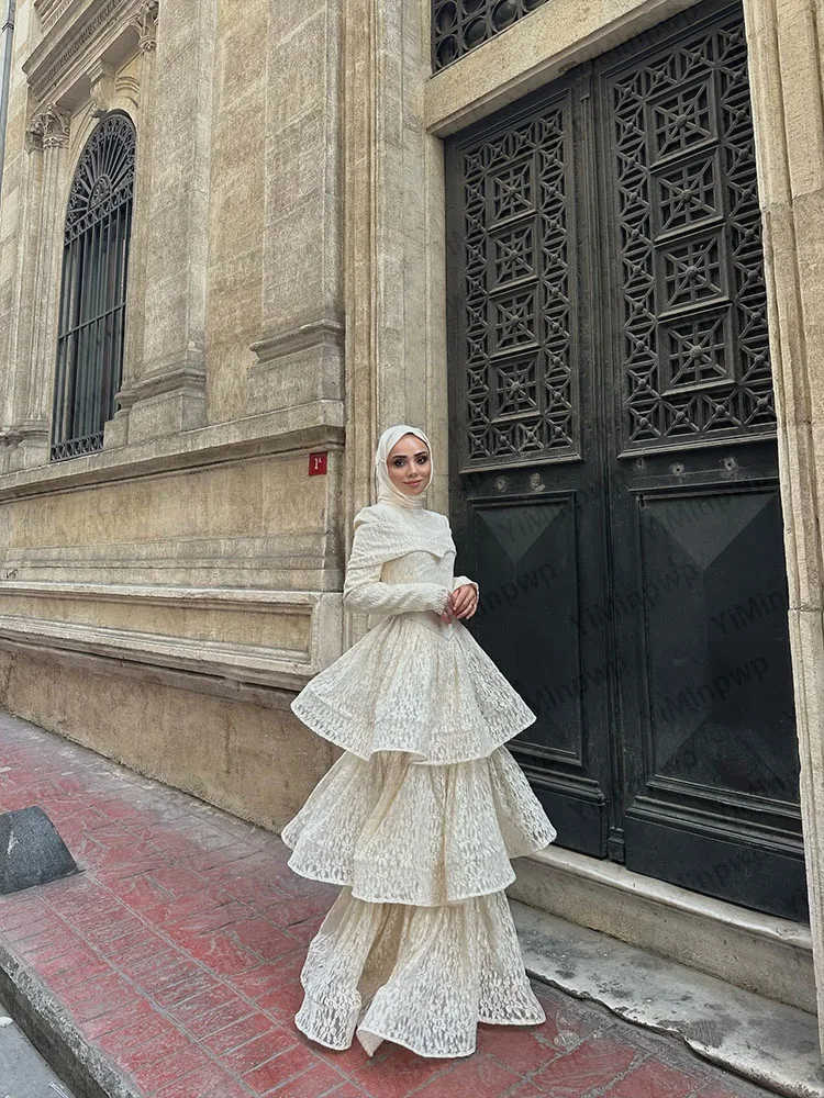 Modest Muslim Weddings Dress Hijab Civil Bride Dress Long Sleeve High Neck Lace Tiered Ruffle Islamic Bridal Gown Customized