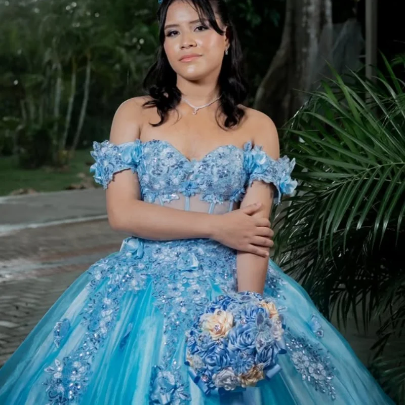 

Blue Quinceanera Dress off-shoulder Glitter 3D flower Decal Long tail Vestidos De 15 Quinceanera ﻿Customize