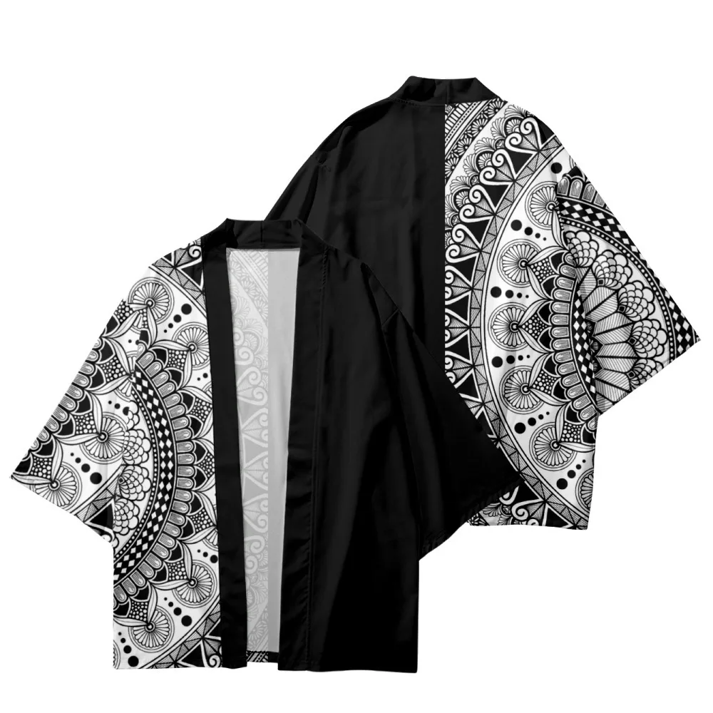 Spring Coat Casual Men's Cardigan Suit Kimono Black Printed Top And Shorts Set Streetwear 2pcs Suit