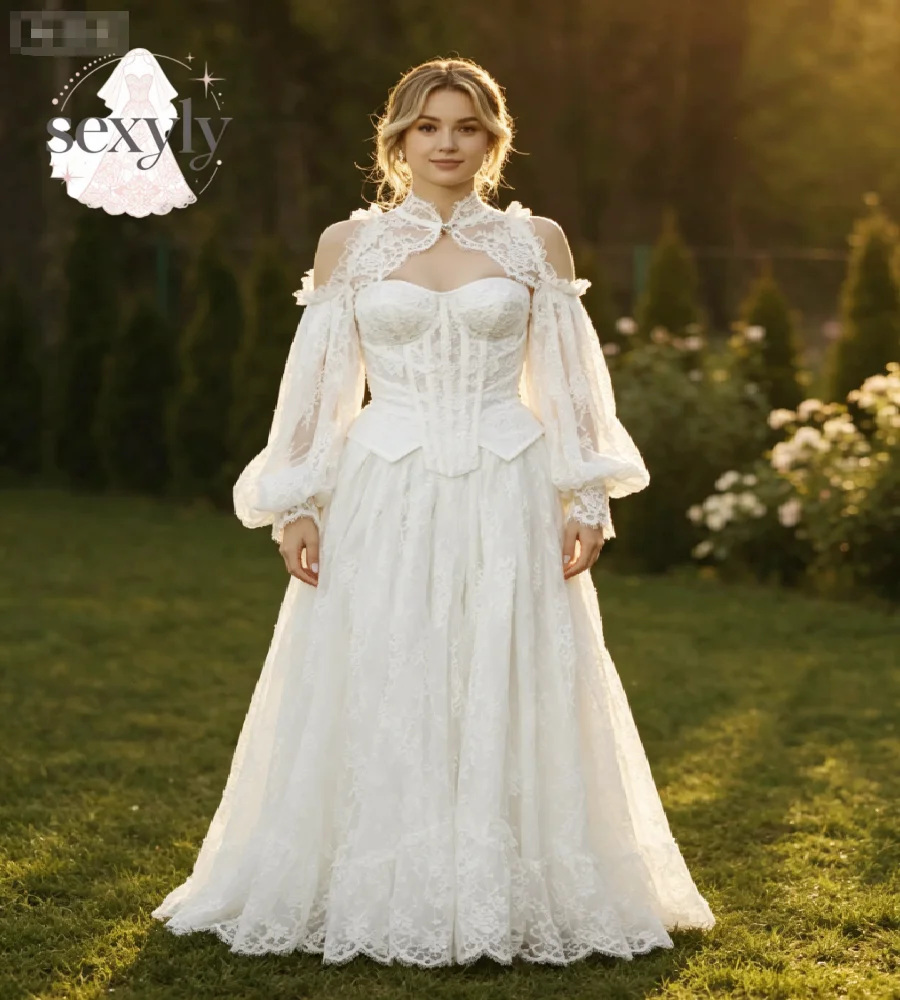 Vestido de novia bohemio estilo Gatsby Hippie 2027 con hombros descubiertos, mangas abullonadas tipo bispo, corsé, espalda abierta, corte en A, vestido de novia celta personalizado