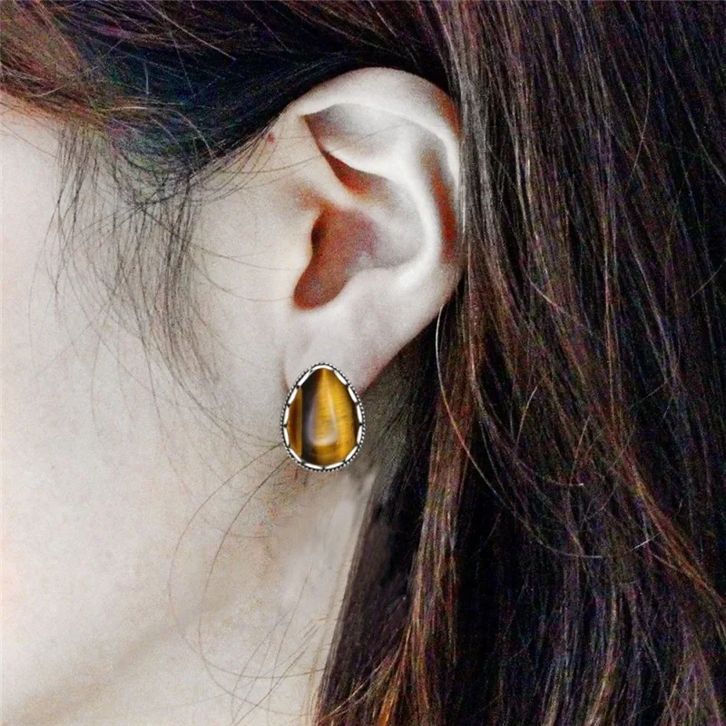 Drop Tiger Eye Stud Earrings For Women Vintage Look Antique Silver Plated Flower Natural Stone Earring