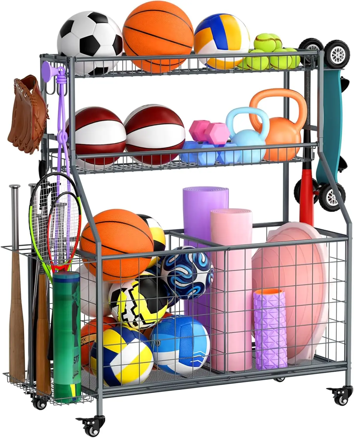 

Garage Ball Storage Rack with Basket, Hooks and Rolling Cart for Sports Gear and Toy Organization, Gray