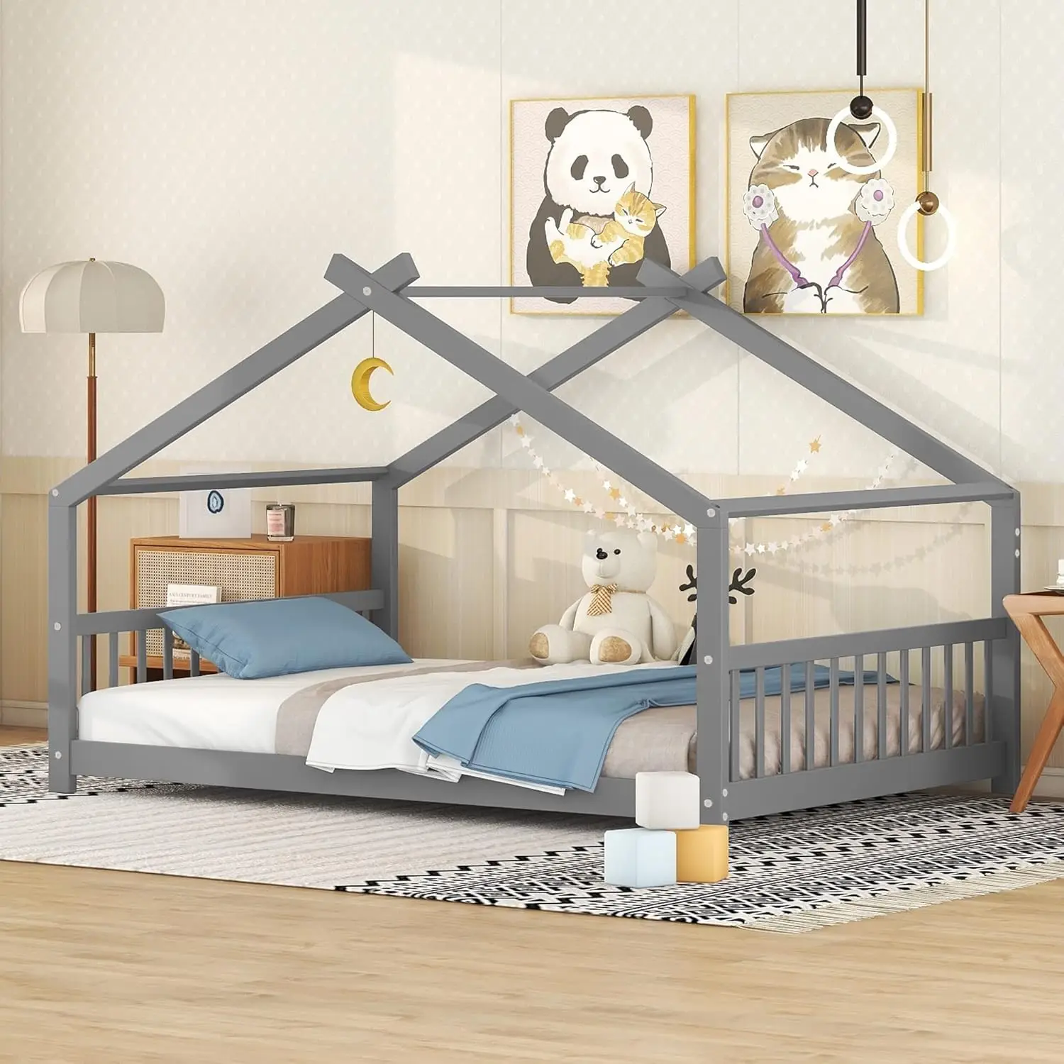 Beds Gray Bed Wood Frame Kids Platform Bed with Headboard & Footboard for Children Boys Girls Teens