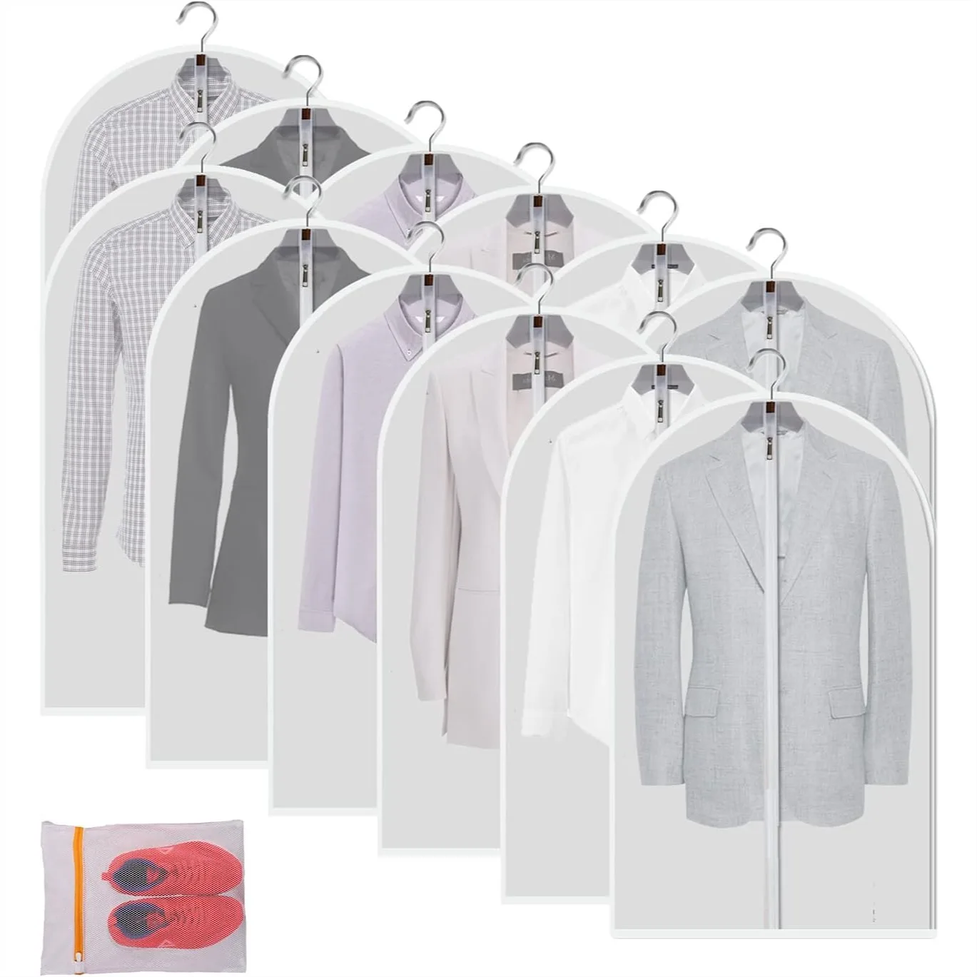 12 Pack Garment Bags for Hanging Clothes, 24x40 Translucent PEVA Suit and Dress Covers with Full Zipper