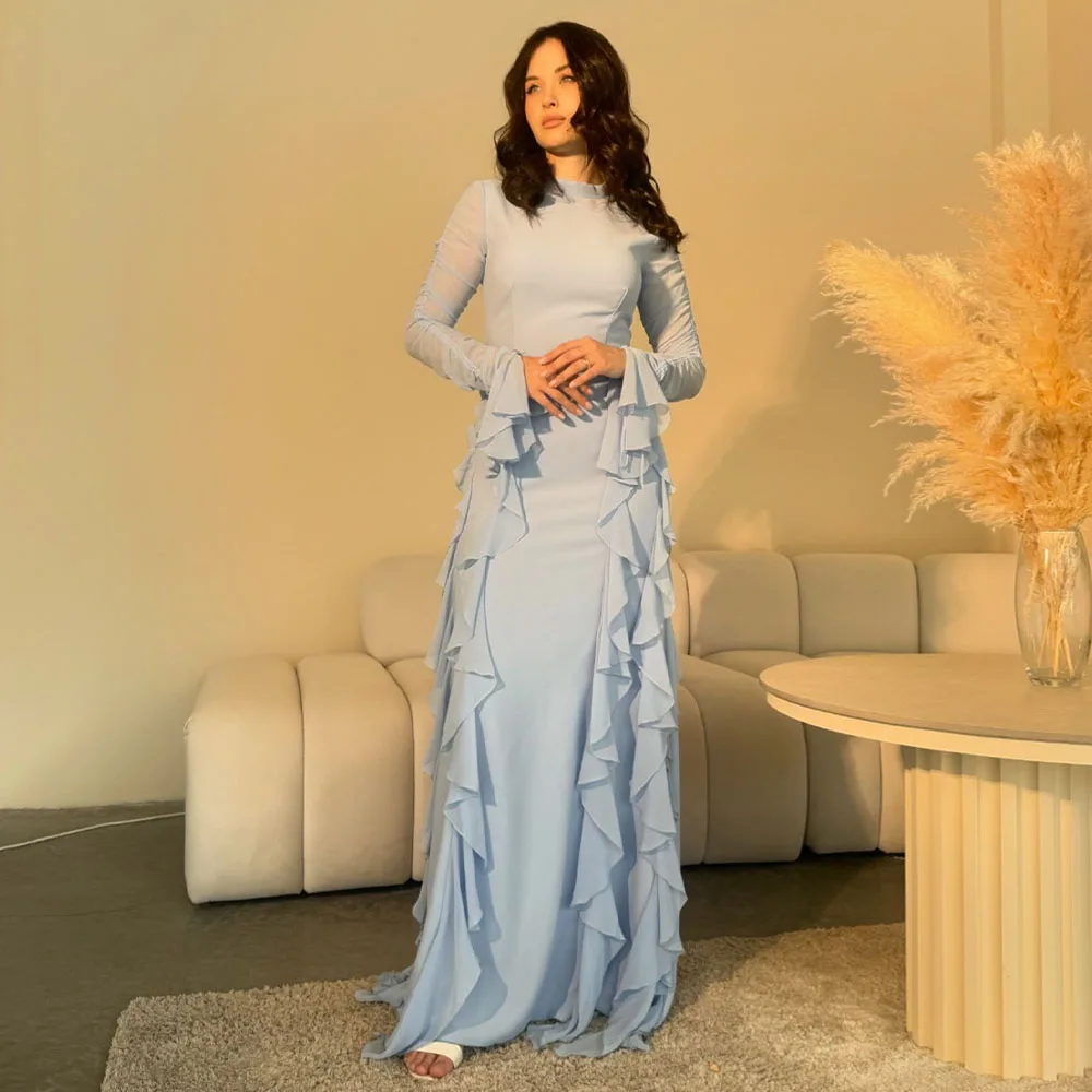 Women's Evening Dress Light Sky Blue Full Sleeves High Collar Elegant Evening Gowns Long Ruffle A Line Chiffon Formal Party Gown