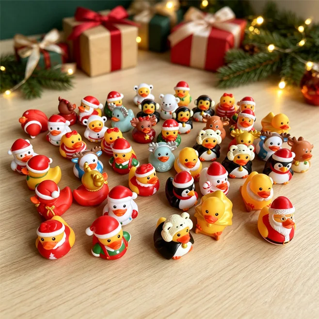 24pcs/Set Christmas Duck Figurine Toy  Mini Rubber Duckie Toy Ornament Dollhouse Micro Landscape Desktop Car Decor Gift