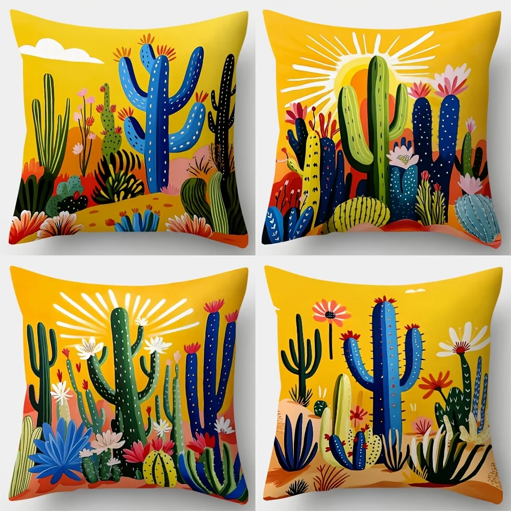4pcs Cactus flower pattern single-sided digital printing pillow cover Short plush Suitable living rooms bedrooms sofas