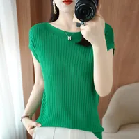 Spring Summer T-shirt Women Short Sleeves Slim Striped Innerwear Slash Neck Fashion Korean Loose Knitted T-shirt Sweater 2026 - Image 2