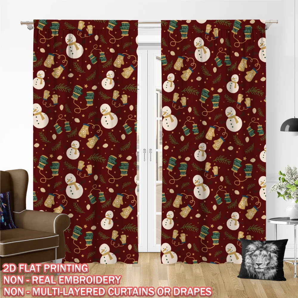 Christmas Flat Printing Curtain with Christmas Snowman Socks Ornament For Christmas Home  Door Windows Decor Party
