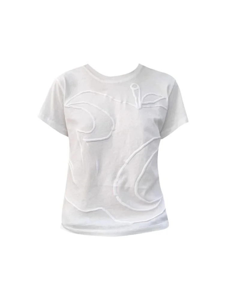 

Summer New White Printed ort Sve T-irt Women's Korean Version Design Casual Spicy Girl Top round Ne Regular Fit