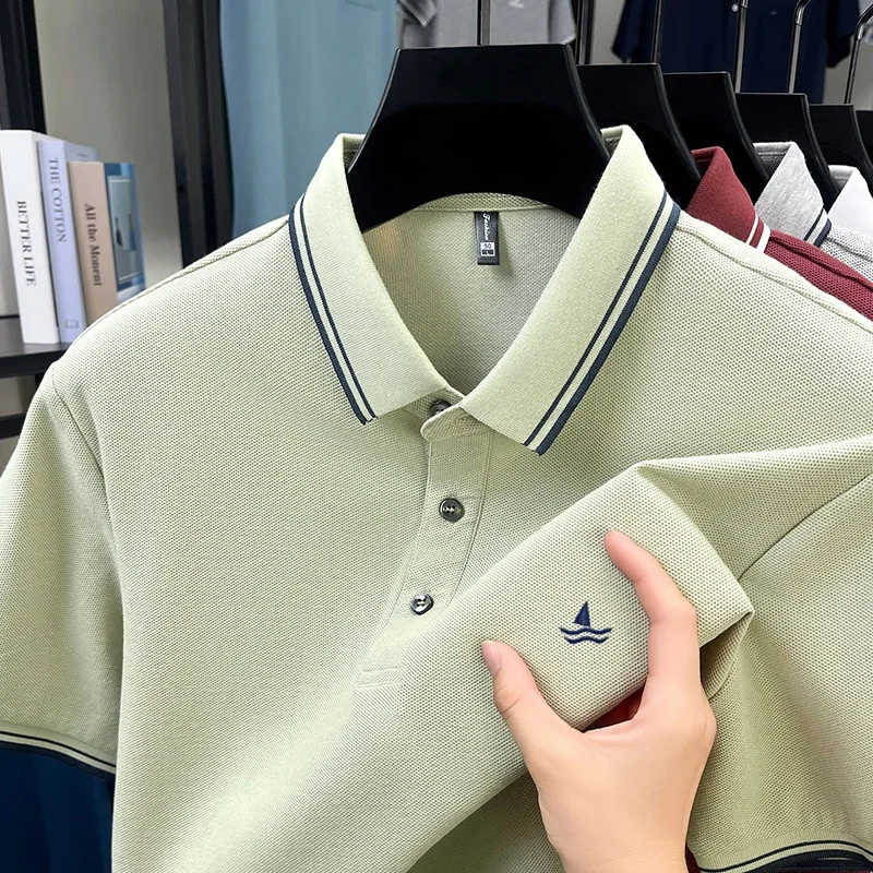 100% pure cotton brand customized sailboat embroidered T-shirt for summer new men's casual and comfortable polo shirt short top