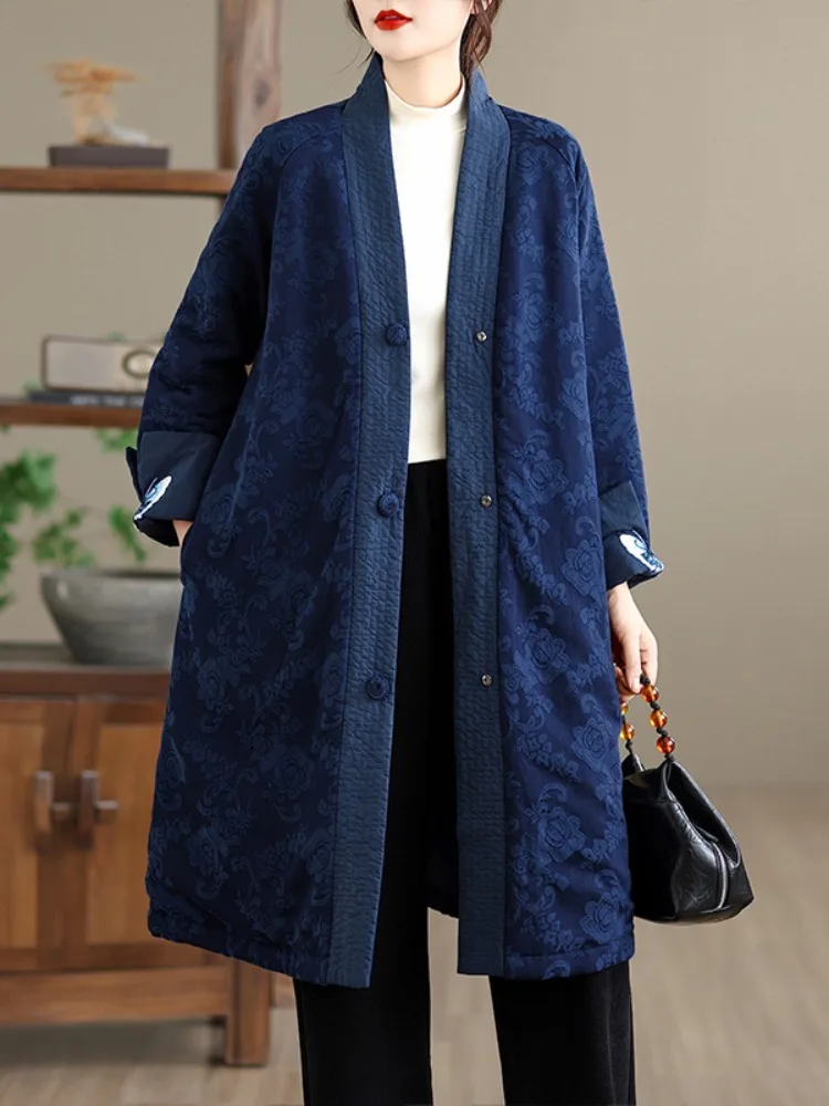 

High-End Retro Thickened Embroidered Cotton Jacket Women's Winter Cotton Coat Mid-Length V-Neck Long Sleeve Vintage Style