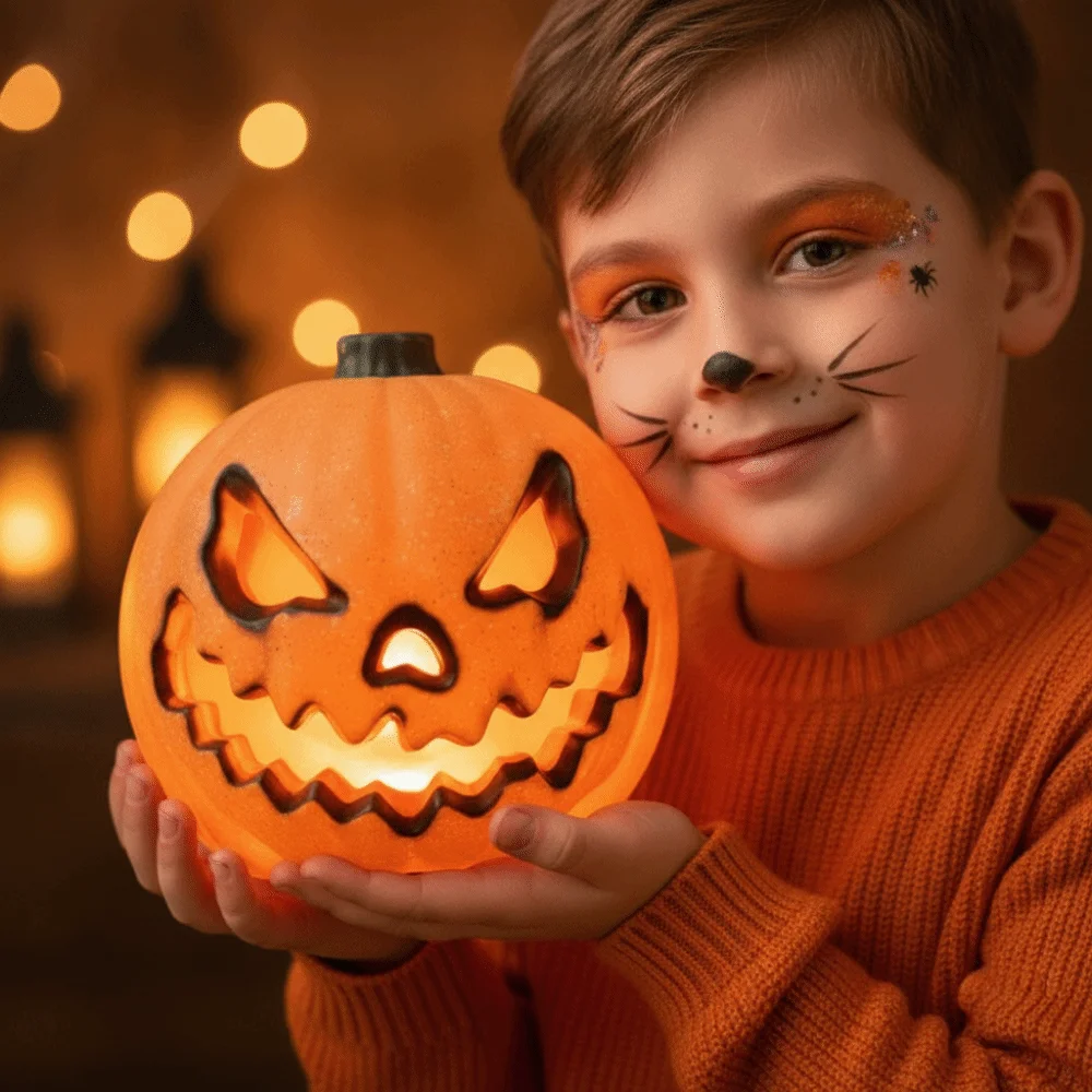 Battery Powered Pumpkin Lantern Resin Made Eco Friendly Halloween Lamp Warm Glowing Lightweight LED Pumpkin Store Display