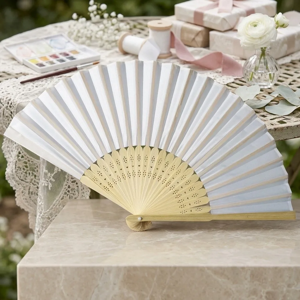 Elegant White Fabric Wedding Fans 21cm DIY Blank Folding Handheld Set Of 10 For Bridal Party Favors And Outdoor Ceremonies