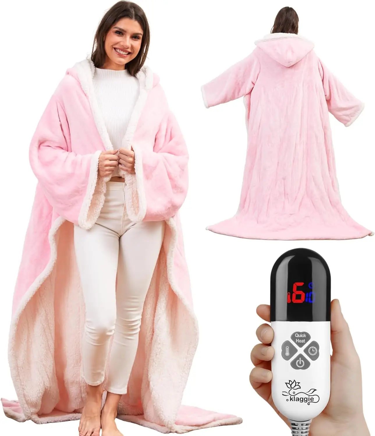 

Wearable Heated Blanket with Foot Pocket, 6 Heat Levels, Auto-Off Timer, Machine Washable, Pink