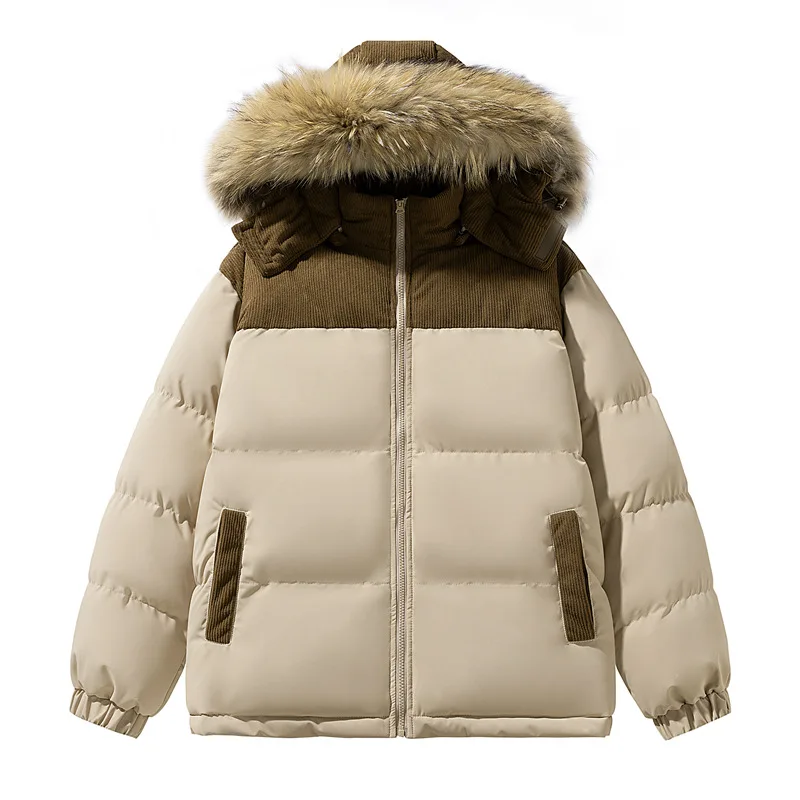 Men's Color Block Cotton Jacket with Large Fur Collar Windproof Warm Winter Bread Coat for Teenagers Loose Fit
