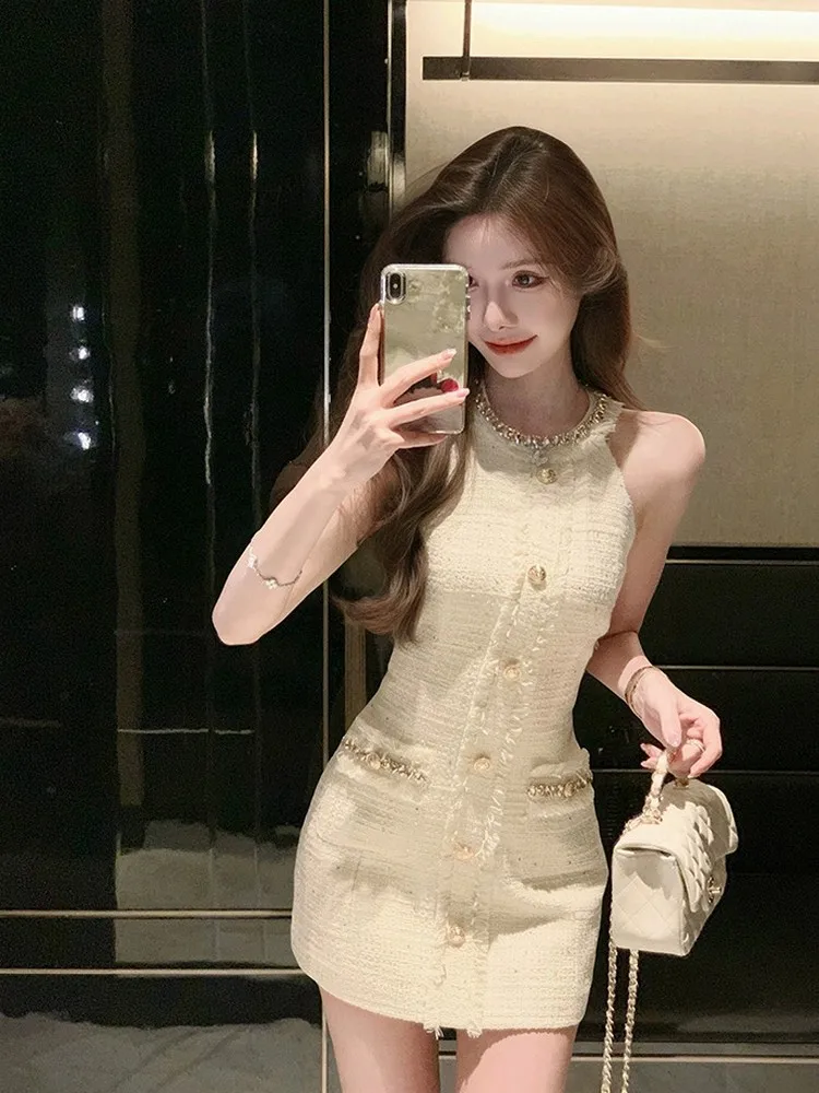 Elegant Pure Desire High-End Sleeveless Neck Hanging Dress Women's Design Short Skirt Vest Summer Fashion Korean Style Commute