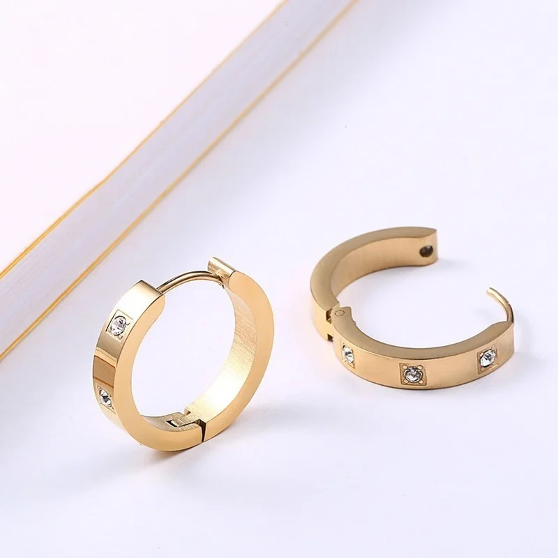 Stainless Steel Rose Gold Crystal Stones Hoop Earrings Jewelry Women Ladies Minimalism Earrings Jewellery Gift For Him