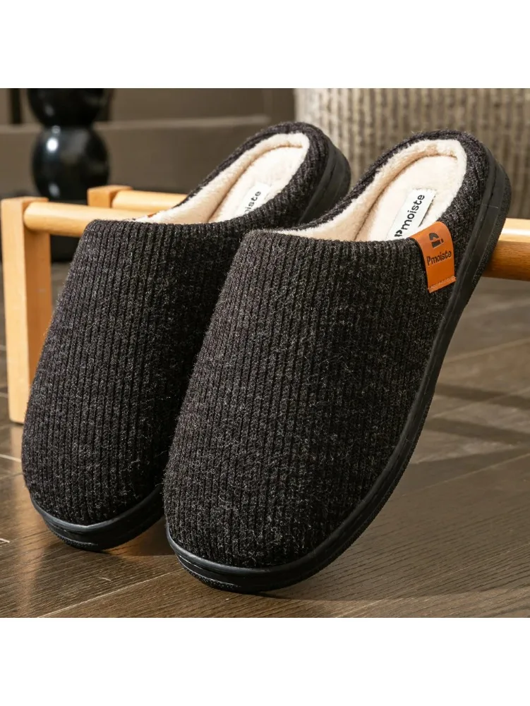 Memory-Schaum-Kissen-Hausschuhe für Herren, Wildleder, TPR-Sohle, Plattform, warm, weich, rutschfest, gestreift, bequeme Indoor-Schuhe, gestrickt