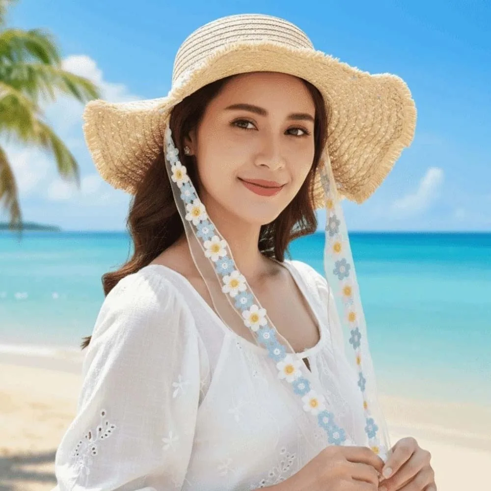 Elegant Breathable Vacation Beach Cap Lightweight with Lace Big Brimmed Straw Hat Sunshade Topi with Garland Woven Sun Cap Daily