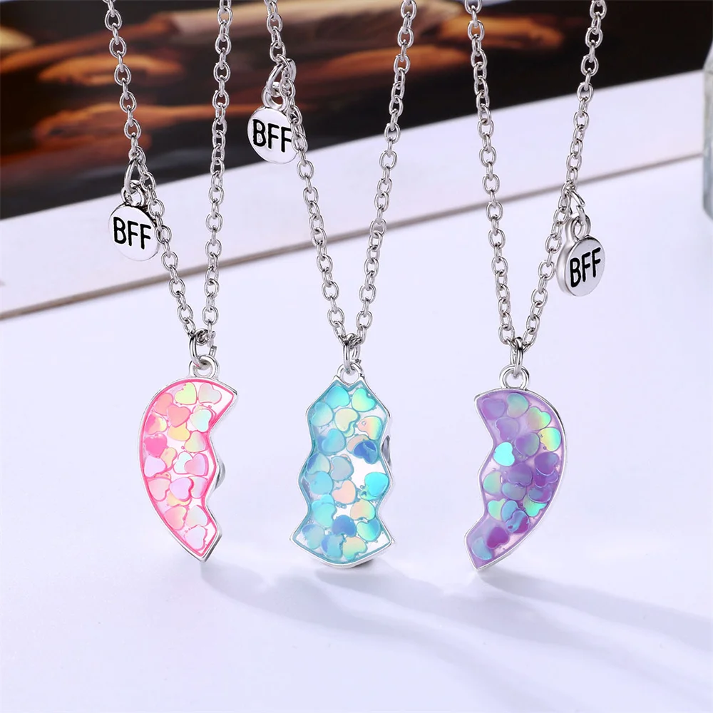 3pcs Magnetic  Best Friends Pendant Necklace Stitching Heart Colorful Sequins Necklace Gift For Men Or Good Friends Or Couples