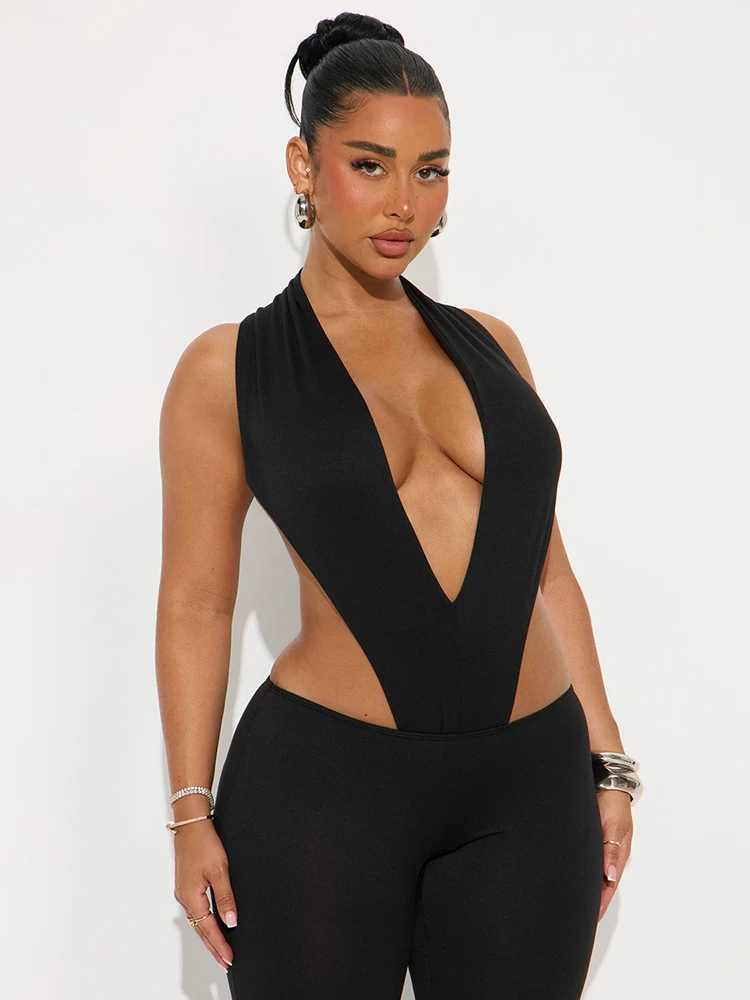 

Whatiwear Sexy Fashion 2 Piece Set Women Deep V-Neck Sleeveless Skinny Bodysuits+Low Waist Straight Pants Midnight Clubwear Set