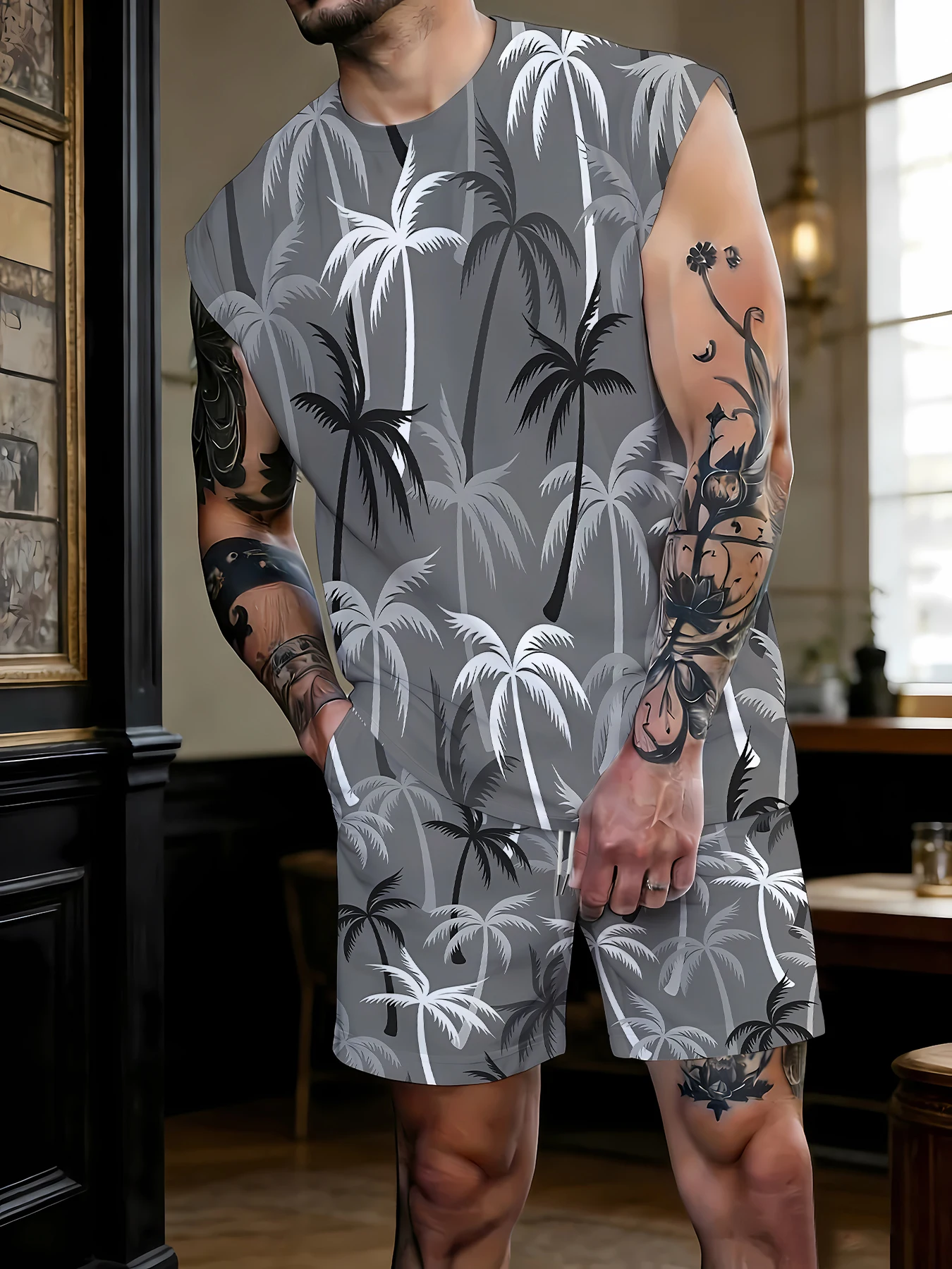 

Men's Casual Tank Top and Shorts Set Wrinkle-Free Polyester Soft Loungewear Homewear Standard Size