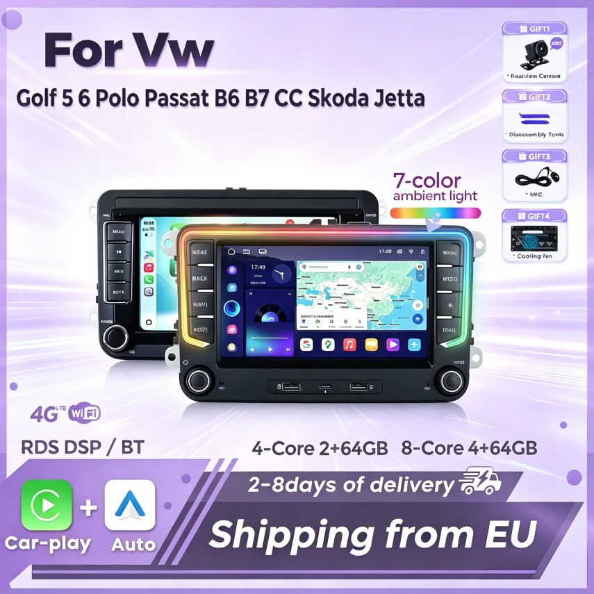 Android System Up to 8 Core 2 Din 7 Inch Car Radio Stereo Multimedia Player For VW Passat Golf MK5 MK6 Jetta Polo Touran Wireless Carplay Android Auto 7-Color Ambient Light FM RDS Auto Smart Systems