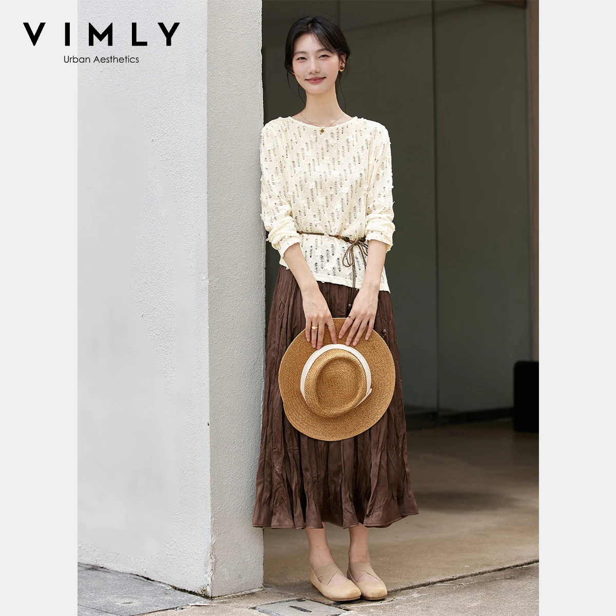 VIMLY Set 2 Potong Pakaian Wanita Atasan Rajut Berlubang Motif Bunga Model French Hook Rok Maxi Lipit Model Bud Musim Gugur 2025 Set Rok Wanita A3009