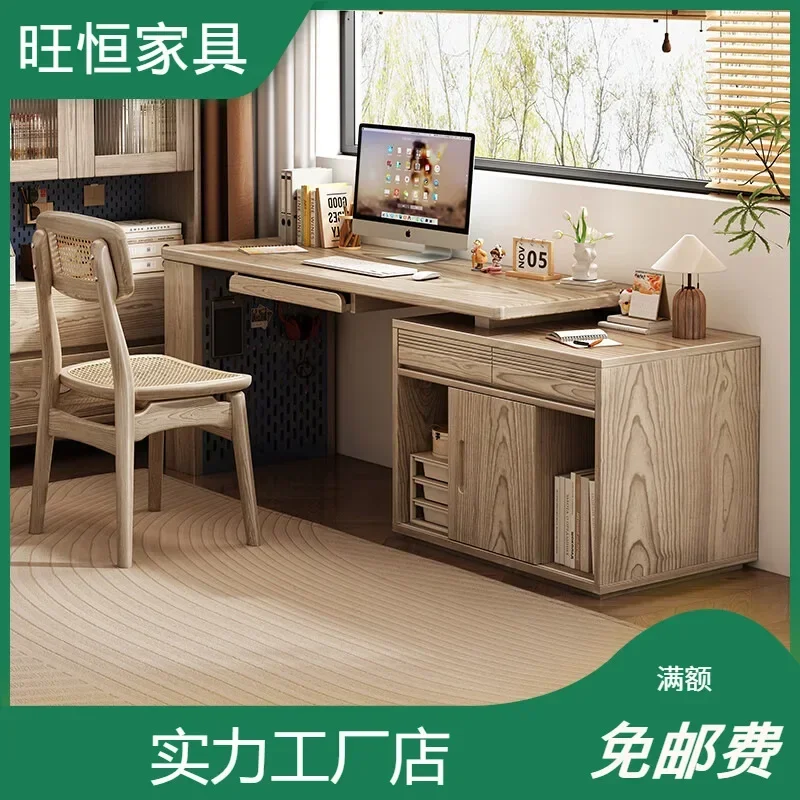 Rotating Retractable Solid Wood Desk Home Ash Corner Desk Study